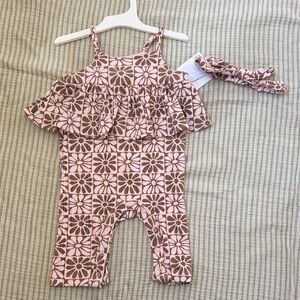 Grayson Mini Girls Pink Floral Ruffle Romper with Headband — 3-6 months